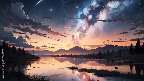 田舎の風景と宇宙が空に広がるアニメ風イラスト