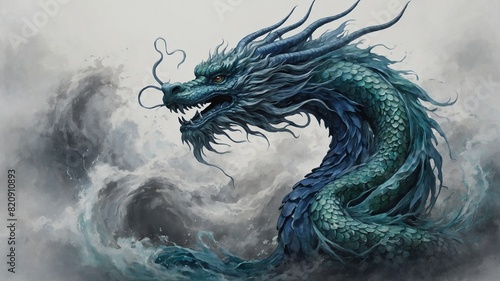 Fierce dragon emerges from tumultuous waves  scales glistening  eyes gleaming with intensity. Creatures serpentine body adorned with intricate scales  each reflecting hue of deep sea green.