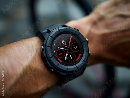 A watch with a black face and red numbers. The watch is on a person's wrist