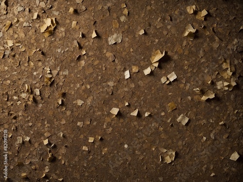 Textured surface scattered with small, torn pieces of paper. These fragments, varying in size, shape, strewn randomly across rough, dark backdrop. Each piece catches light differently. photo