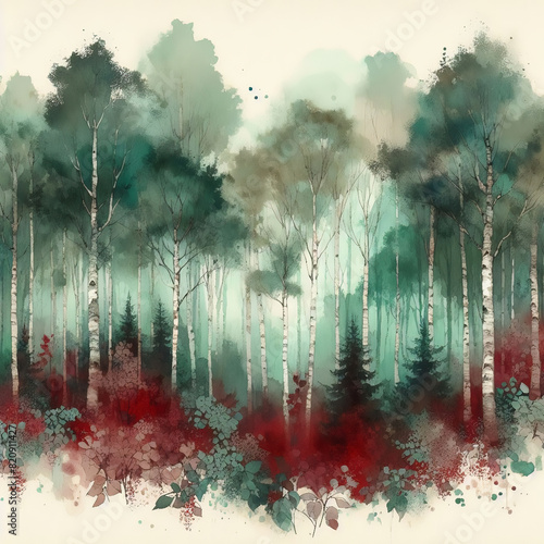 sfondo acquerello illustrativo di bosco di betulle e abeti verde e rosso su fondo beige