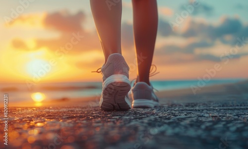 Legs of a woman in sports shoes walking on the road near the sea, sunset in the background.