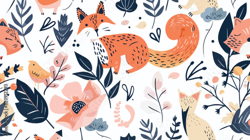Modern contemporary seamless pattern with animals flower