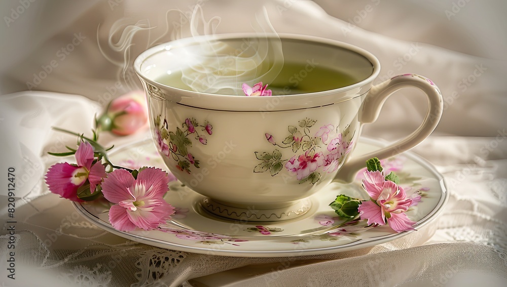 A delicate green teacup adorned with intricate floral patterns exudes elegance and charm. A delicate green teacup adorned with intricate floral patterns exudes elegance and charm.