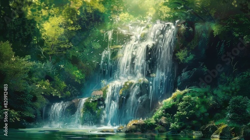 A magnificent waterfall flowing through a lush forest  surrounded by towering trees and vibrant terrestrial plants  creating a stunning natural landscape AIG50