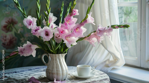 Vase with beautiful gladiolus flowers and cup of coffe