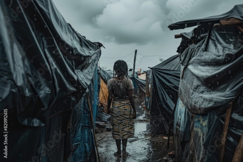 African woman in front of a camp, with several tents and debris around her, in cloudy weather, as if after a war or a natural disaster.