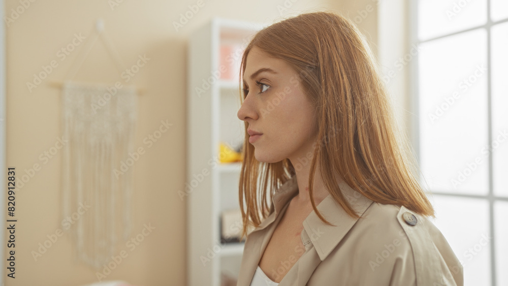 Young caucasian redhead woman contemplates in a bright, sunlit room, exuding elegance and a thoughtful mood. Young caucasian redhead woman contemplates in a bright, sunlit room, exuding elegance and a thoughtful mood.