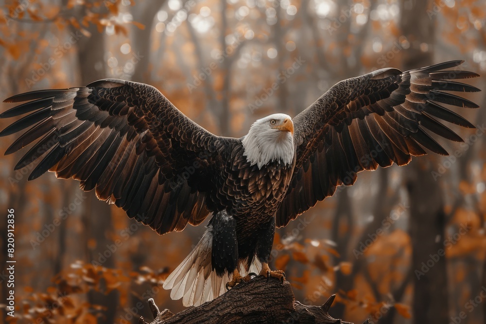Obraz premium Bald eagle with open wings, sitting on a tree branch in a natural environment, symbolizing freedom and strength, american eagle, 4th of July.