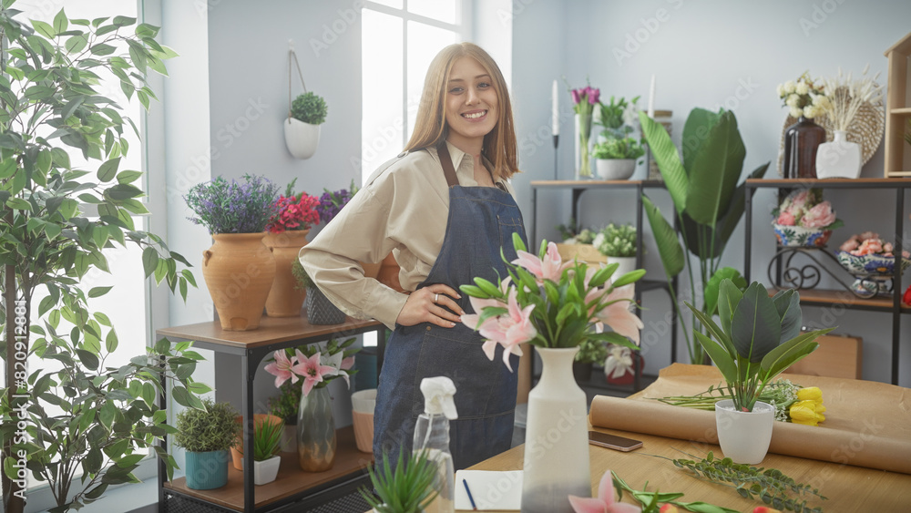 Smiling woman in an apron standing among vibrant plants and flowers in a sunlit room with gardening supplies. Smiling woman in an apron standing among vibrant plants and flowers in a sunlit room with gardening supplies.