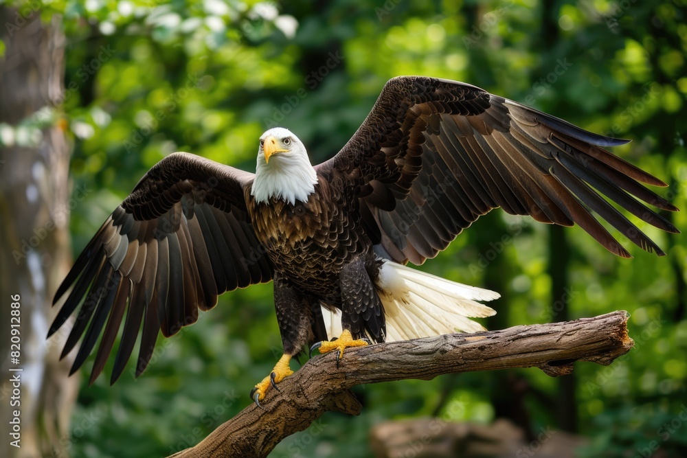 Bald eagle with open wings, sitting on a tree branch in a natural environment, symbolizing freedom and strength, american eagle, 4th of July. Bald eagle with open wings, sitting on a tree branch in a natural environment, symbolizing freedom and strength, american eagle, 4th of July.