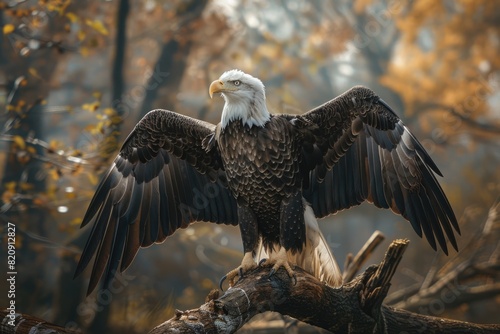 Bald eagle with open wings, sitting on a tree branch in a natural environment, symbolizing freedom and strength, american eagle, 4th of July.