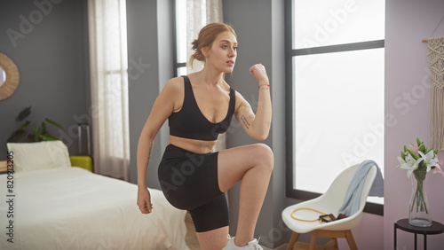 A young woman in activewear stretches in a modern bedroom with natural light.