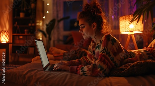 A cozy living room at night with a young woman in pajamas  brainstorming ideas on her laptop with a warm lamp beside her