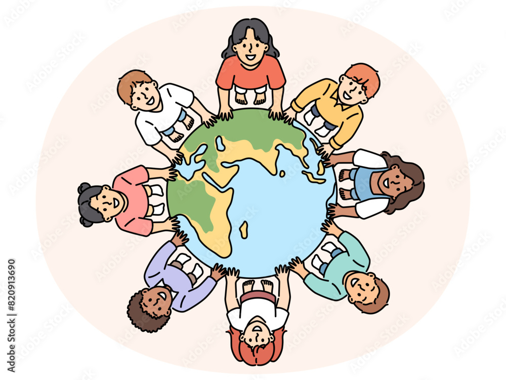 Smiling diverse children standing near globe showing unity and solidarity. Happy kids from around the world near planet earth. Ethnicity and diversity. Vector illustration.