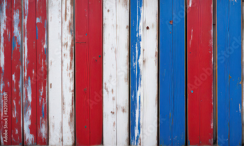 Stressed wooden boards painted red, white and blue for patriotic concept of United States of America. Textured abstract backdrop.
