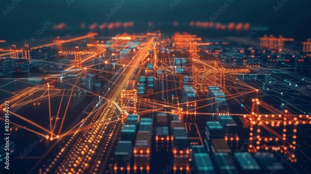 Blockchain network diagram overlaid with shipping lanes and digital communication systems Blockchain network diagram overlaid with shipping lanes and digital communication systems