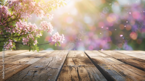 Empty wooden table top for product display  presentation stage. Spring flowers  blossoming Cherry trees  Sakura flower Park with garden in the background.  