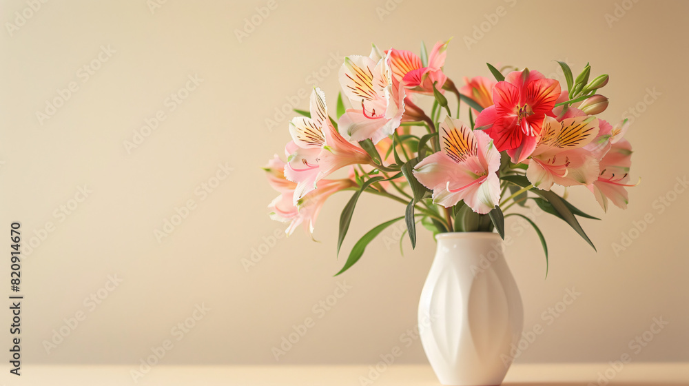 Vase with bouquet of alstroemeria flowers on beige background