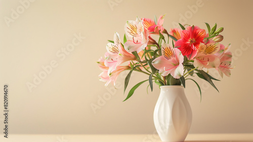Vase with bouquet of alstroemeria flowers on beige background © Rimsha