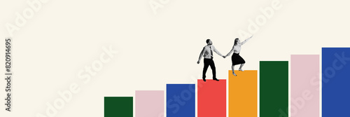 Banner. Contemporary art collage. Two people holding hands and go up on colorful columns, graph as on career ladder. Concept of partnership, business acquisition, deal, cooperation, teamwork, contract
