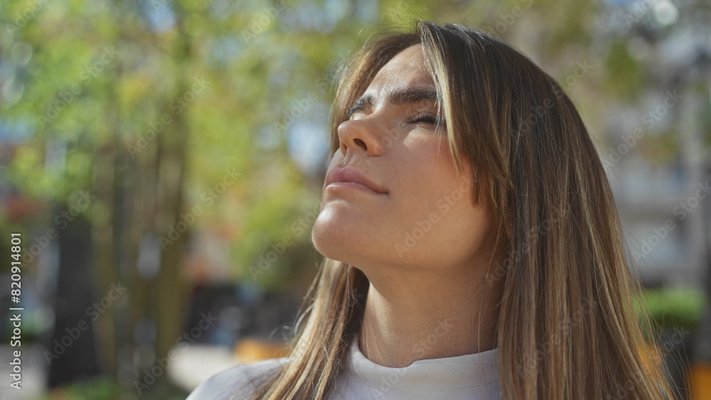 A young brunette woman calmly enjoys a sunny day in an urban park setting with blurred trees and city background. A young brunette woman calmly enjoys a sunny day in an urban park setting with blurred trees and city background.