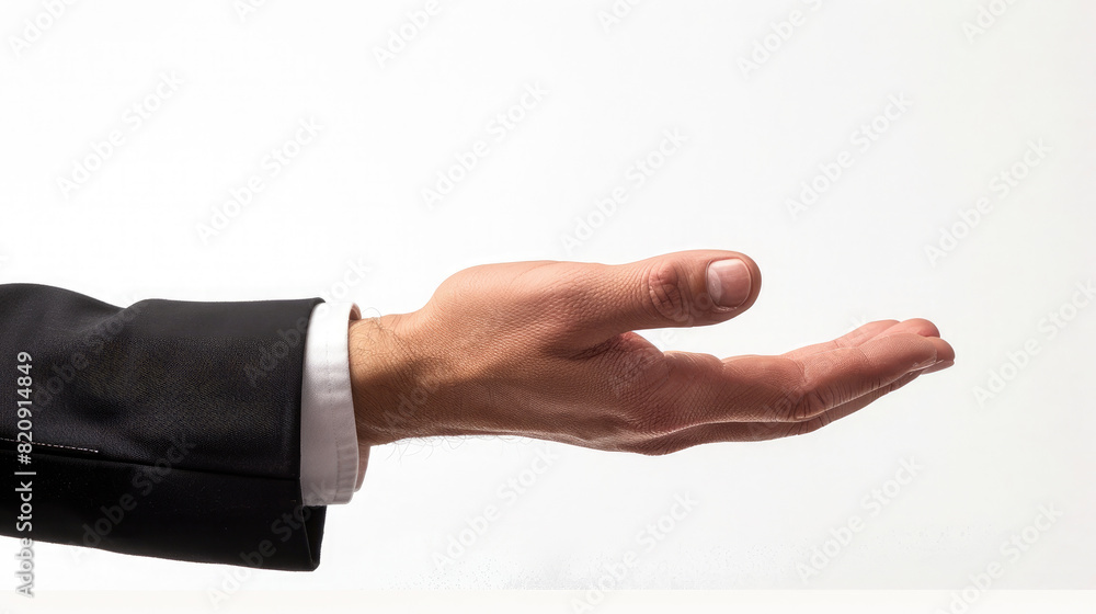 side view of businessman hand in tuxedo suit offering something isolated on white background side view of businessman hand in tuxedo suit offering something isolated on white background