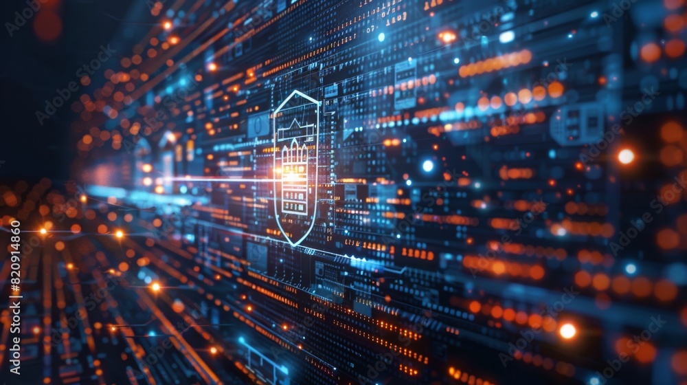 Blockchain technology visual combined with a cybersecurity shield and binary code Blockchain technology visual combined with a cybersecurity shield and binary code