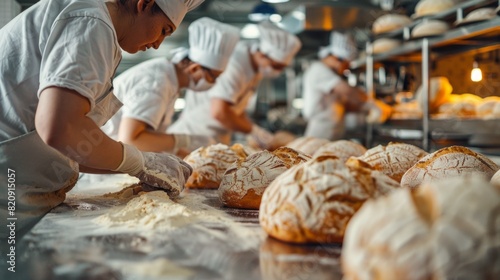 Bakery workers shaping loaves of bread on a white table in a well-lit industrial kitchen.