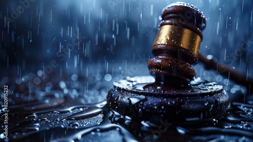 A judge's gavel laying in puddles with raindrops, dramatic lighting and bokeh effects