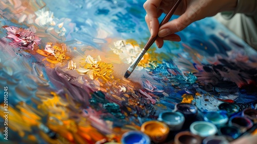 Artist's hand holding a brush to paint vibrant strokes on an oil canvas, capturing the creative process and artist's technique photo