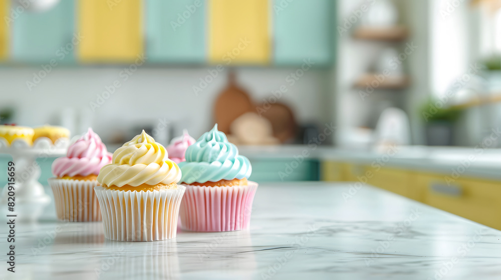 Three cupcakes with pastel pink, yellow, and blue frosting sit on a marble countertop in a bright kitchen Three cupcakes with pastel pink, yellow, and blue frosting sit on a marble countertop in a bright kitchen