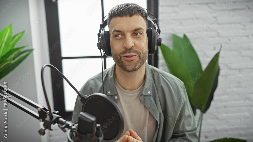 A handsome man with headphones speaks into a microphone in an indoor studio setting, capturing a podcasting moment.