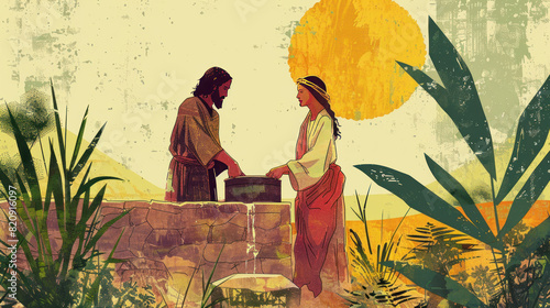 Jesus and the Samaritan woman at the well, illustrated in warm, inviting colors to depict the midday encounter. photo