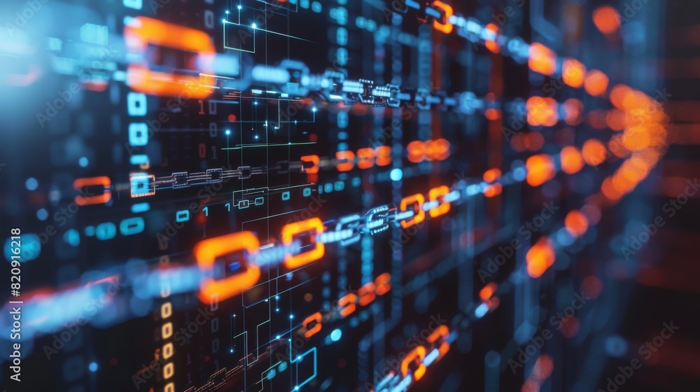 Detailed view of blockchain connections overlaid with cybersecurity measures and financial growth charts Detailed view of blockchain connections overlaid with cybersecurity measures and financial growth charts