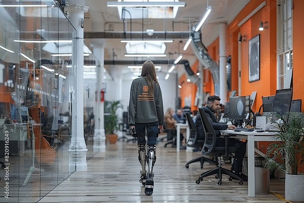 Woman with prosthetic legs walking in a modern office environment