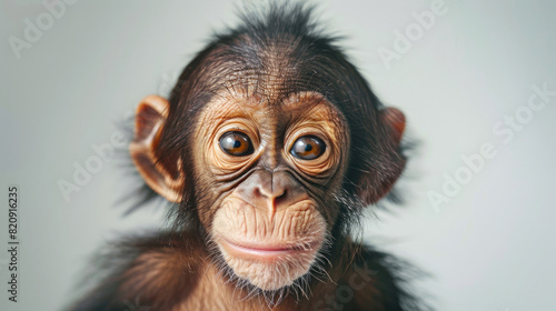 portrait cute baby monkey ape orang utan face with beautiful eyes isolated on white background © AstraNova