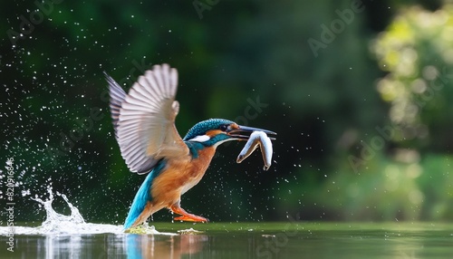 common kingfisher alcedo atthis flying away with a fish after diving for fish in the forest in the netherlands photo