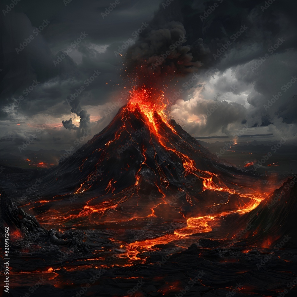 Red Erupting Volcano with Lava Flowing on Dark Mountain