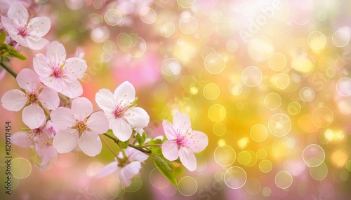 abstract fresh vivid spring summer light delicate pastel pink yellow bokeh background texture with bright soft color cherry blossoms and flowers card concept beautiful backdrop illustration © Susan