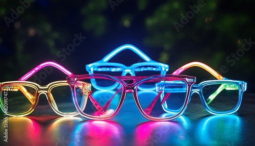 neon colorful glowing party glasses isolated on black background generative ai © Susan
