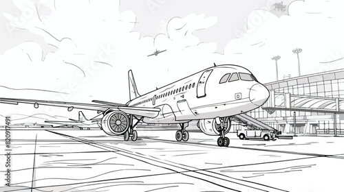 Airport aircraft. Lineart black and white vector illustration
