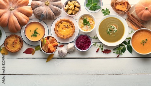 delicious autumn meal side border above view on a white wood background stuffed pumpkins and squash sweet potatoes soup vegetables and pumpkin pie