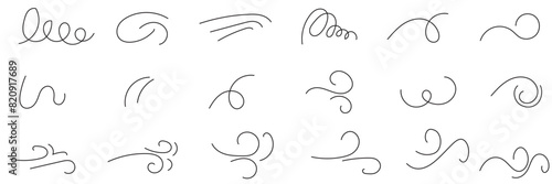 Doodle wind line sketch set. Hand drawn doodle wind motion, air blow, swirl elements. Sketch drawn air blow motion, smoke flow art, abstract line. Isolated on white background . vector illustration. 