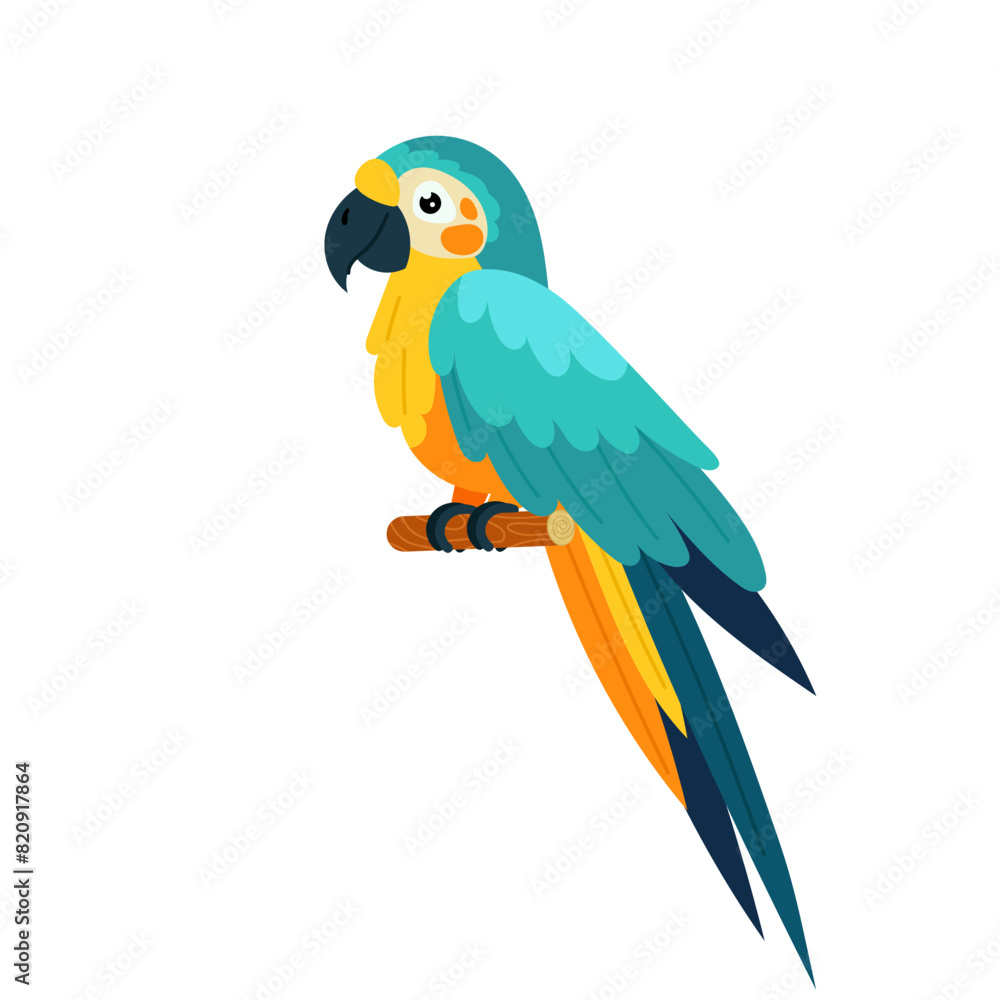 Fototapeta premium Yellow-blue parrot in flat style. Colorful exotic bird on a white background. A tropical parrot sits on a perch.