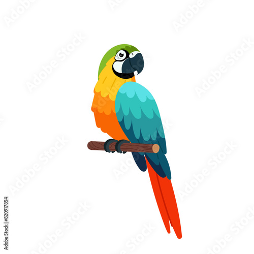 Multicolored parrot in flat style. Colorful exotic bird on a white background. A tropical parrot sits on a perch.