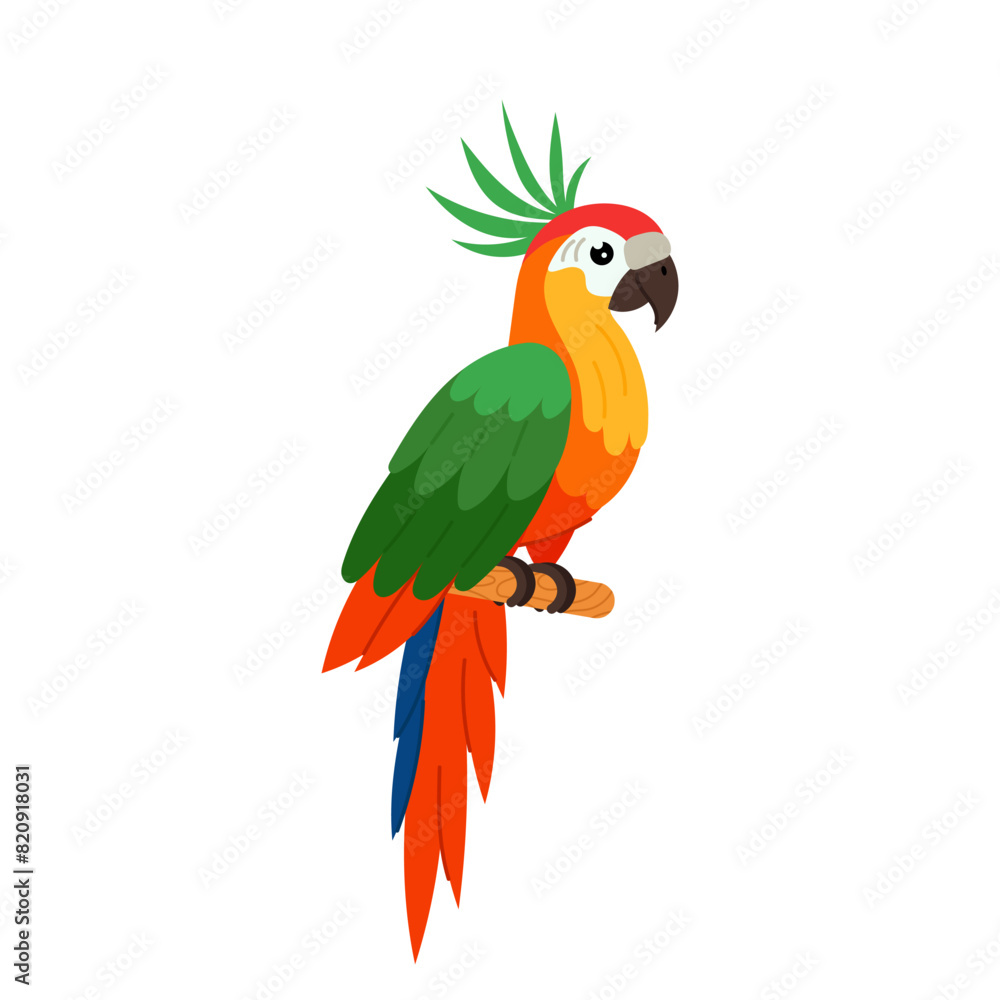 Obraz premium Green-red parrot in flat style. Colorful tropical bird on a white background. A tropical parrot with crest sits on a perch.