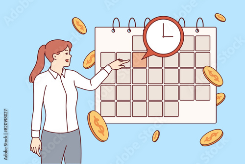 Payment calendar near business woman studying schedule of mandatory expenses and interest payments on loan. Payment calendar to avoid violation of financial or credit obligations resulting in fine