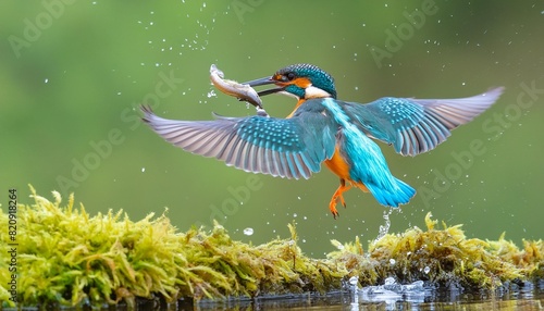 common kingfisher alcedo atthis flying away with a fish after diving for fish in the forest in the netherlands photo