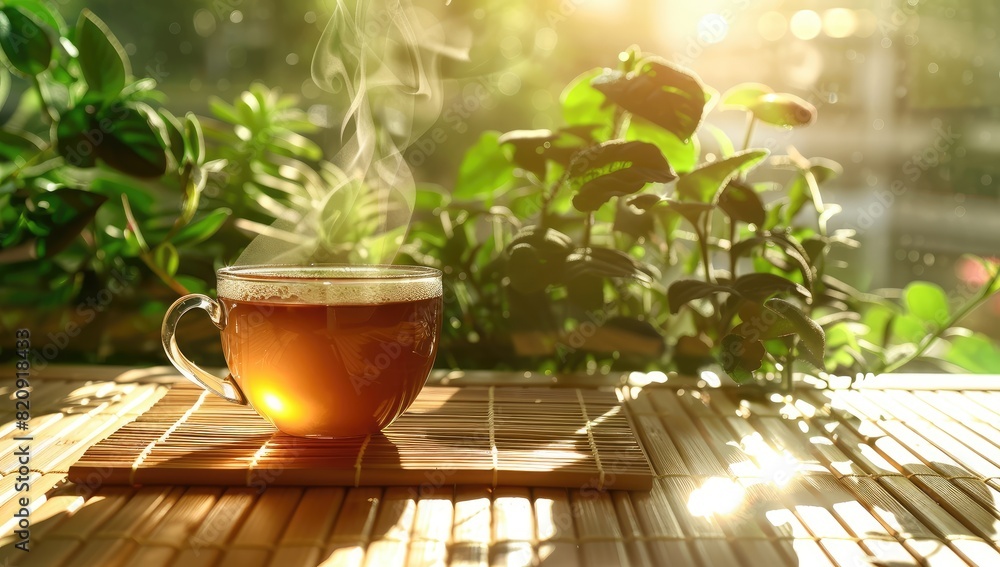 In the sunlit garden, a steaming cup of tea awaits, offering warmth and comfort amidst nature's beauty. In the sunlit garden, a steaming cup of tea awaits, offering warmth and comfort amidst nature's beauty.